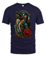 Gothic Raven with Rose Graphic T Shirt Dark Fantasy Art Tee - navy t-shirt on white background