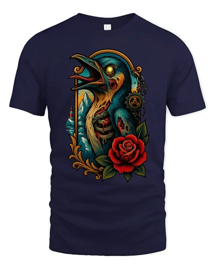Gothic Raven with Rose Graphic T Shirt Dark Fantasy Art Tee - navy t-shirt on white background