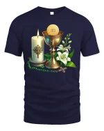 Holy Communion Symbols Graphic T Shirt Faith Inspired Art Tee - navy t-shirt on white background