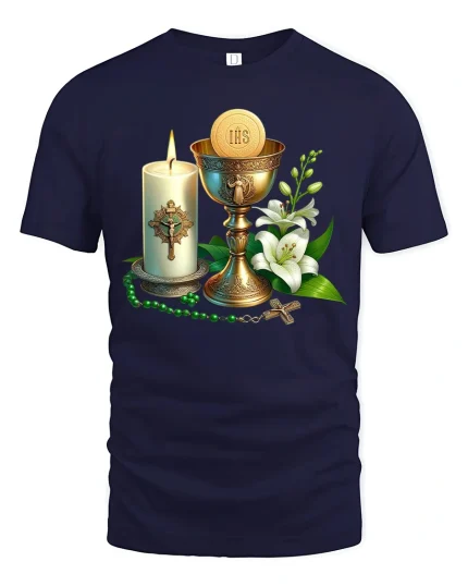 Holy Communion Symbols Graphic T Shirt Faith Inspired Art Tee - navy t-shirt on white background