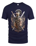 Medieval Knight Shield Emblem Graphic T Shirt Warrior Art Tee - navy t-shirt on white background