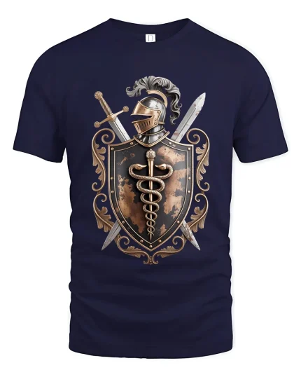 Medieval Knight Shield Emblem Graphic T Shirt Warrior Art Tee - navy t-shirt on white background