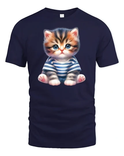 Cute Kitten in Striped Shirt Graphic T Shirt Adorable Tee - navy t-shirt on white background