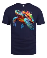 Colorful Sea Turtle Splash Art Graphic T Shirt Ocean Style Tee - navy t-shirt on white background