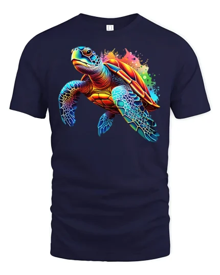 Colorful Sea Turtle Splash Art Graphic T Shirt Ocean Style Tee - navy t-shirt on white background