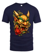 Japanese Oni Demon Mask Graphic T Shirt Fierce Art Style Tee - navy t-shirt on white background