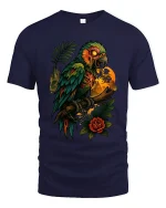 Dark Parrot Skull Art Graphic T Shirt Gothic Jungle Style Tee - navy t-shirt on white background
