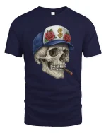 Cool Skull with Cigar Graphic T Shirt Street Art Style Tee - navy t-shirt on white background