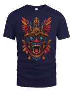 Aztec Tribal Mask Graphic T Shirt Fierce Colorful Art Tee - navy t-shirt on white background
