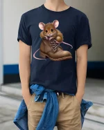 Cute Mouse in Boot Graphic T Shirt Funny Cozy Animal Art Tee - model wearing navy tee with hands in pockets