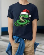 Funny Christmas Snake Wearing Santa Hat Graphic T Shirt Tee - model wearing navy tee with hands in pockets