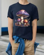 Magical Mushroom Garden Graphic T Shirt Whimsical Nature Tee - model wearing navy tee with hands in pockets