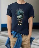 Cute Punk Doll with Blue Mohawk Graphic T Shirt Art Tee - model wearing navy tee with hands in pockets