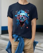 Psychedelic Bearded Man Portrait Graphic T Shirt Trippy Art Tee - model wearing navy tee with hands in pockets