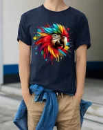 Colorful Macaw Parrot Splash Art Graphic T Shirt Bold Tee - model wearing navy tee with hands in pockets