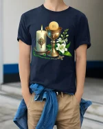 Holy Communion Symbols Graphic T Shirt Faith Inspired Art Tee - model wearing navy tee with hands in pockets