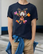 Funny Colorful Christmas Cat Reindeer Graphic T Shirt Cute Tee - model wearing navy tee with hands in pockets