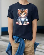 Cute Kitten in Striped Shirt Graphic T Shirt Adorable Tee - model wearing navy tee with hands in pockets