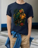 Dark Parrot Skull Art Graphic T Shirt Gothic Jungle Style Tee - model wearing navy tee with hands in pockets