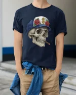 Cool Skull with Cigar Graphic T Shirt Street Art Style Tee - model wearing navy tee with hands in pockets
