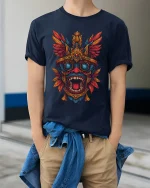 Aztec Tribal Mask Graphic T Shirt Fierce Colorful Art Tee - model wearing navy tee with hands in pockets
