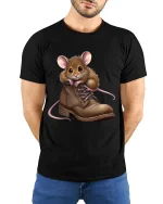 Cute Mouse in Boot Graphic T Shirt Funny Cozy Animal Art Tee - model wearing black tee with hands behind back