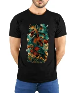 Fierce Hyena Boar Vulture Graphic T Shirt Dark Fantasy Tee - model wearing black tee with hands behind back
