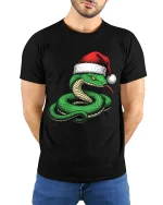 Funny Christmas Snake Wearing Santa Hat Graphic T Shirt Tee - model wearing black tee with hands behind back
