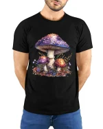 Magical Mushroom Garden Graphic T Shirt Whimsical Nature Tee - model wearing black tee with hands behind back