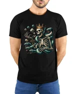 Skeleton King with Serpent Dice Graphic T Shirt Dark Art Tee - model wearing black tee with hands behind back