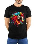 Colorful Macaw Parrot Splash Art Graphic T Shirt Bold Tee - model wearing black tee with hands behind back