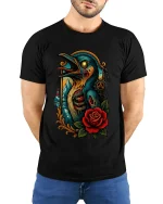 Gothic Raven with Rose Graphic T Shirt Dark Fantasy Art Tee - model wearing black tee with hands behind back