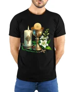 Holy Communion Symbols Graphic T Shirt Faith Inspired Art Tee - model wearing black tee with hands behind back