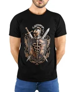 Medieval Knight Shield Emblem Graphic T Shirt Warrior Art Tee - model wearing black tee with hands behind back