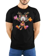 Funny Colorful Christmas Cat Reindeer Graphic T Shirt Cute Tee - model wearing black tee with hands behind back