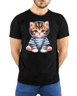 Cute Kitten in Striped Shirt Graphic T Shirt Adorable Tee - model wearing black tee with hands behind back