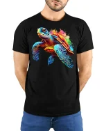 Colorful Sea Turtle Splash Art Graphic T Shirt Ocean Style Tee - model wearing black tee with hands behind back
