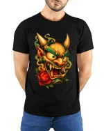 Japanese Oni Demon Mask Graphic T Shirt Fierce Art Style Tee - model wearing black tee with hands behind back