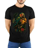 Dark Parrot Skull Art Graphic T Shirt Gothic Jungle Style Tee - model wearing black tee with hands behind back