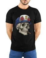 Cool Skull with Cigar Graphic T Shirt Street Art Style Tee - model wearing black tee with hands behind back