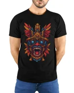 Aztec Tribal Mask Graphic T Shirt Fierce Colorful Art Tee - model wearing black tee with hands behind back