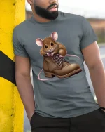 Cute Mouse in Boot Graphic T Shirt Funny Cozy Animal Art Tee - model wearing grey tee, leaning on column