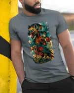 Fierce Hyena Boar Vulture Graphic T Shirt Dark Fantasy Tee - model wearing grey tee, leaning on column