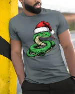 Funny Christmas Snake Wearing Santa Hat Graphic T Shirt Tee - model wearing grey tee, leaning on column