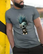 Cute Punk Doll with Blue Mohawk Graphic T Shirt Art Tee - model wearing grey tee, leaning on column