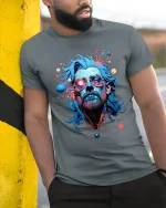 Psychedelic Bearded Man Portrait Graphic T Shirt Trippy Art Tee - model wearing grey tee, leaning on column