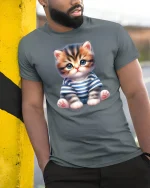 Cute Kitten in Striped Shirt Graphic T Shirt Adorable Tee - model wearing grey tee, leaning on column