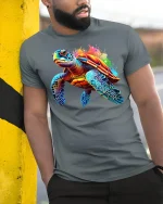 Colorful Sea Turtle Splash Art Graphic T Shirt Ocean Style Tee - model wearing grey tee, leaning on column