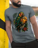 Dark Parrot Skull Art Graphic T Shirt Gothic Jungle Style Tee - model wearing grey tee, leaning on column