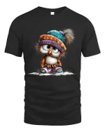 Cute Winter Owl Graphic Tshirt With Cozy Hat Adorable Style - black t-shirt on white background